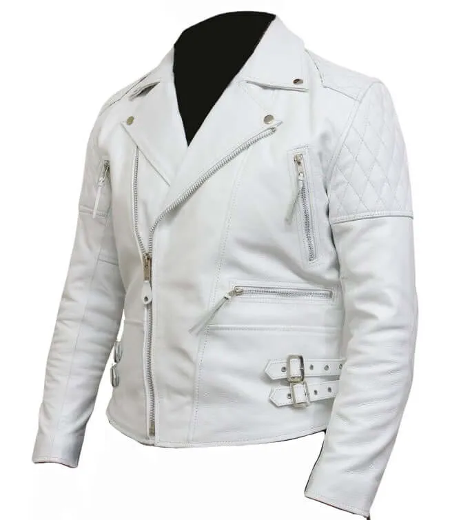 Men's White Leather Biker Jacket In Soft Aniline