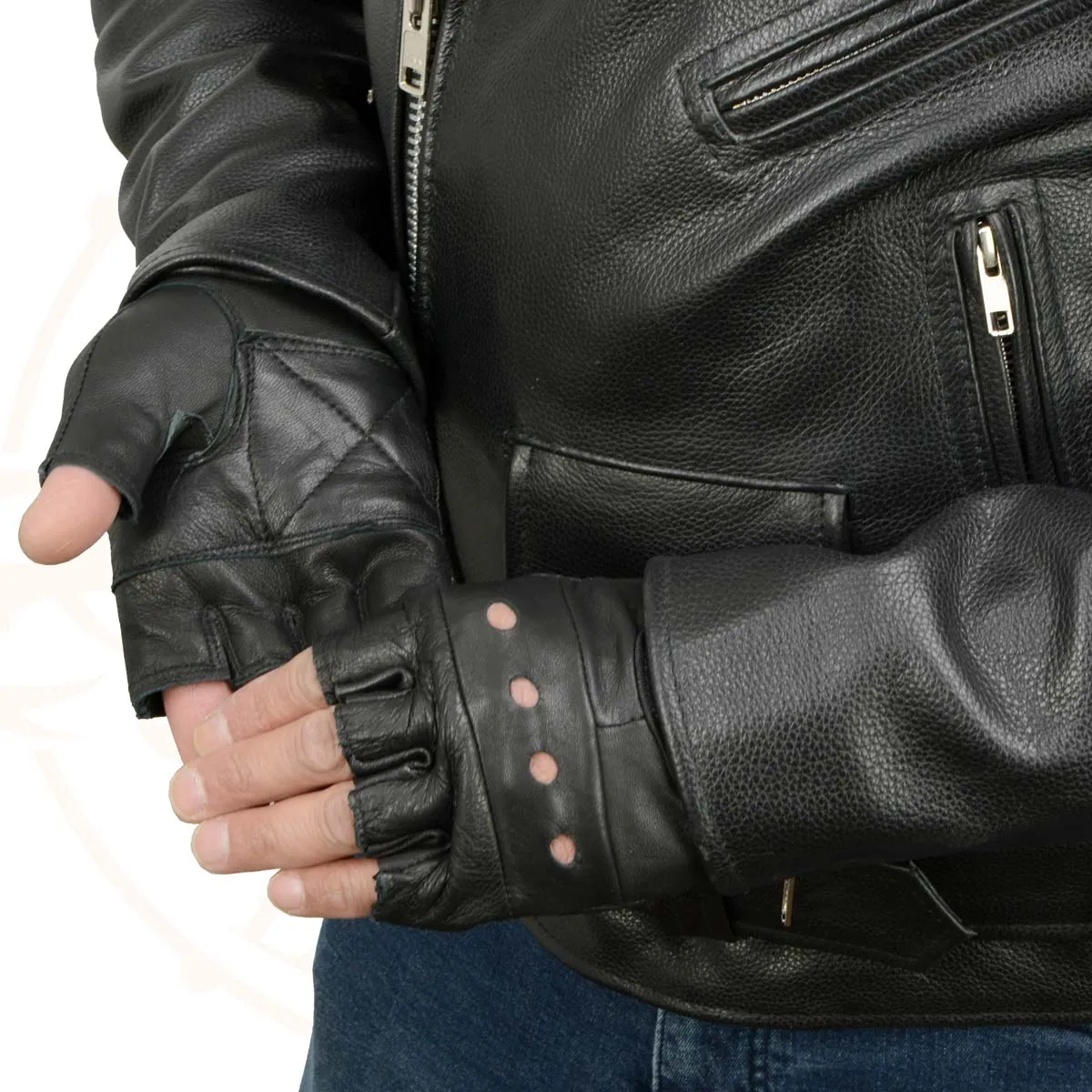 Milwaukee Leather SH216 Men's Black Leather Gel Padded Palm Fingerless Motorcycle Hand Gloves W/ Breathable ‘Open Knuckle’