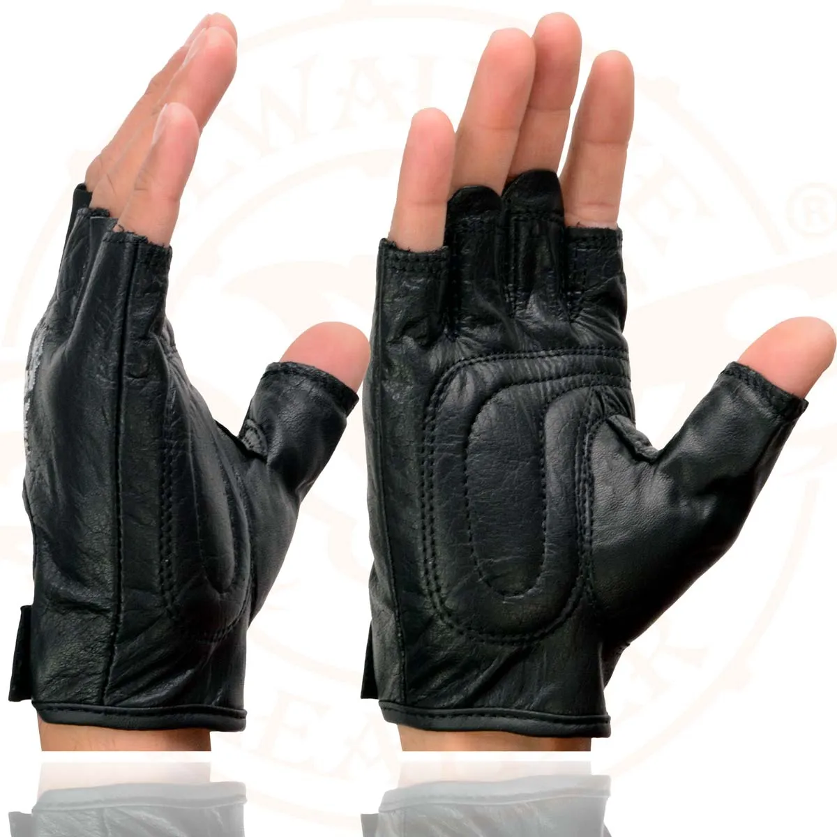 Milwaukee Leather SH351 Men's 'Flaming Skull' Black Leather Fingerless Gloves