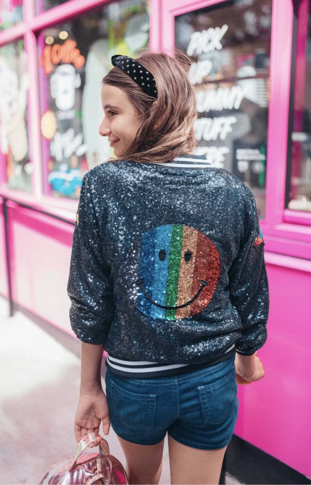 Navy Rainbow Emoji Sequin Bomber