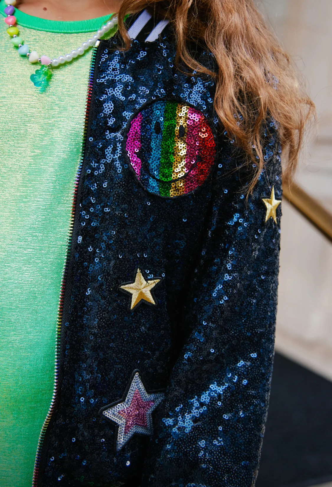 Navy Rainbow Emoji Sequin Bomber