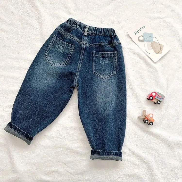 New Boys and Girls Denim Pants Dark Perforated Pants Girl Boys Spring and Autumn Casual Pants 0-6 Year Old Children's Clothing