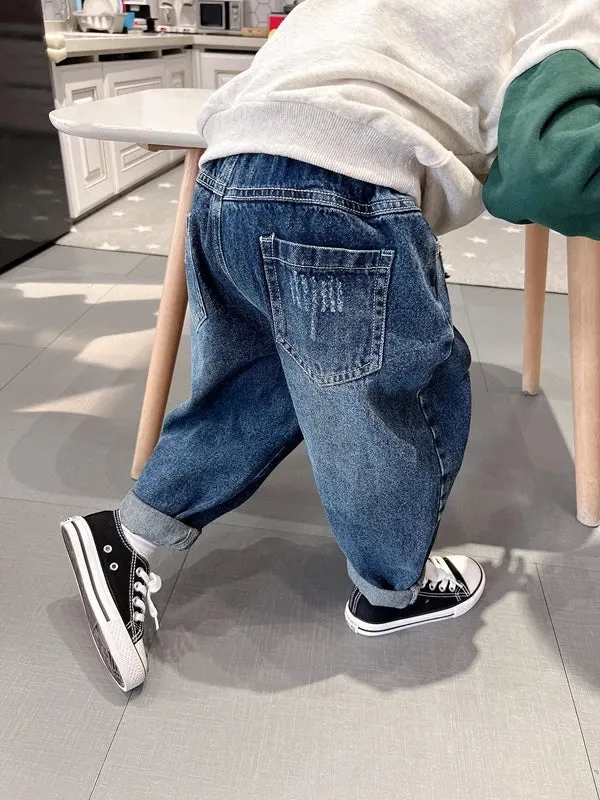 New Boys and Girls Denim Pants Dark Perforated Pants Girl Boys Spring and Autumn Casual Pants 0-6 Year Old Children's Clothing