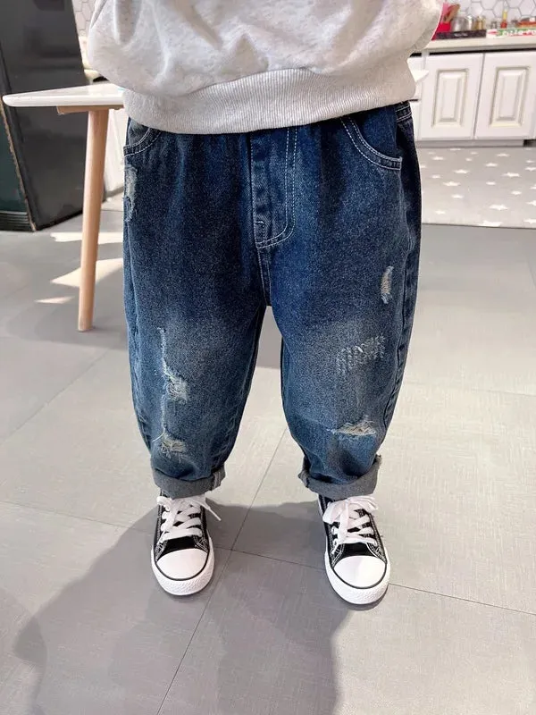 New Boys and Girls Denim Pants Dark Perforated Pants Girl Boys Spring and Autumn Casual Pants 0-6 Year Old Children's Clothing