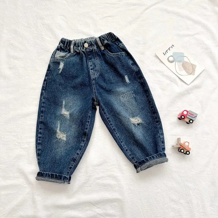 New Boys and Girls Denim Pants Dark Perforated Pants Girl Boys Spring and Autumn Casual Pants 0-6 Year Old Children's Clothing