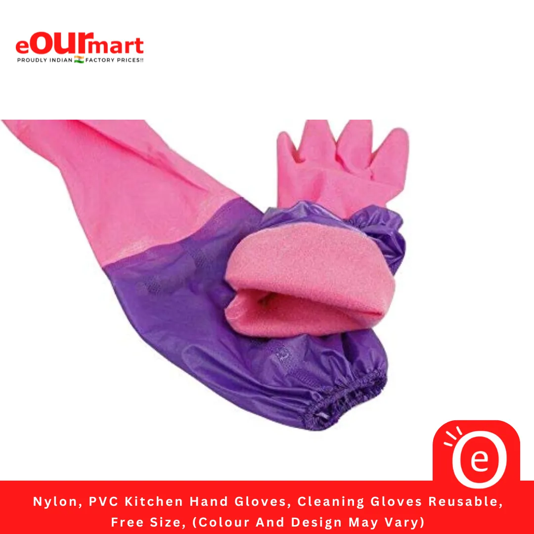 Nylon, PVC Kitchen Hand Gloves, Cleaning Gloves Reusable, Free Size, (Colour And Design May Vary)