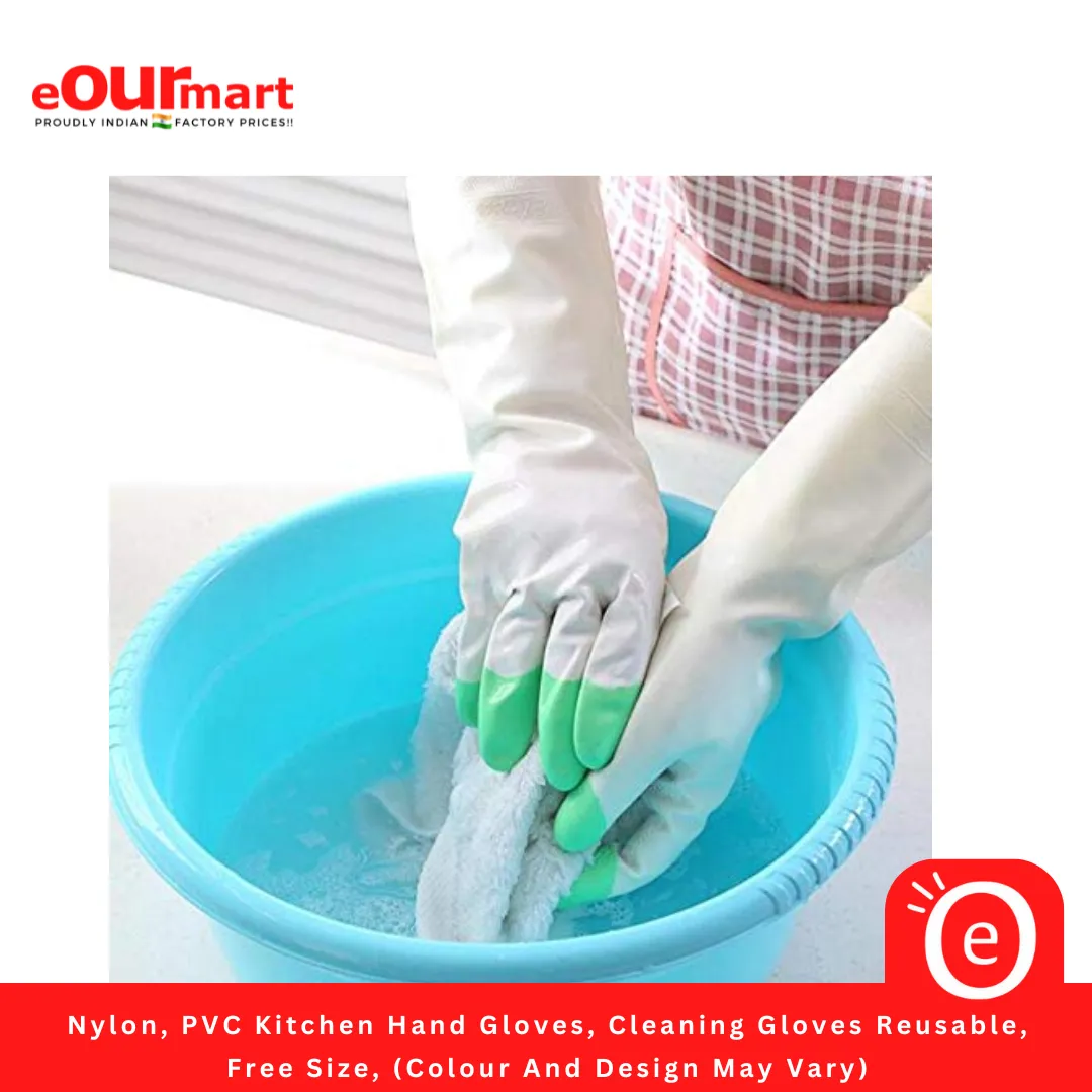 Nylon, PVC Kitchen Hand Gloves, Cleaning Gloves Reusable, Free Size, (Colour And Design May Vary)