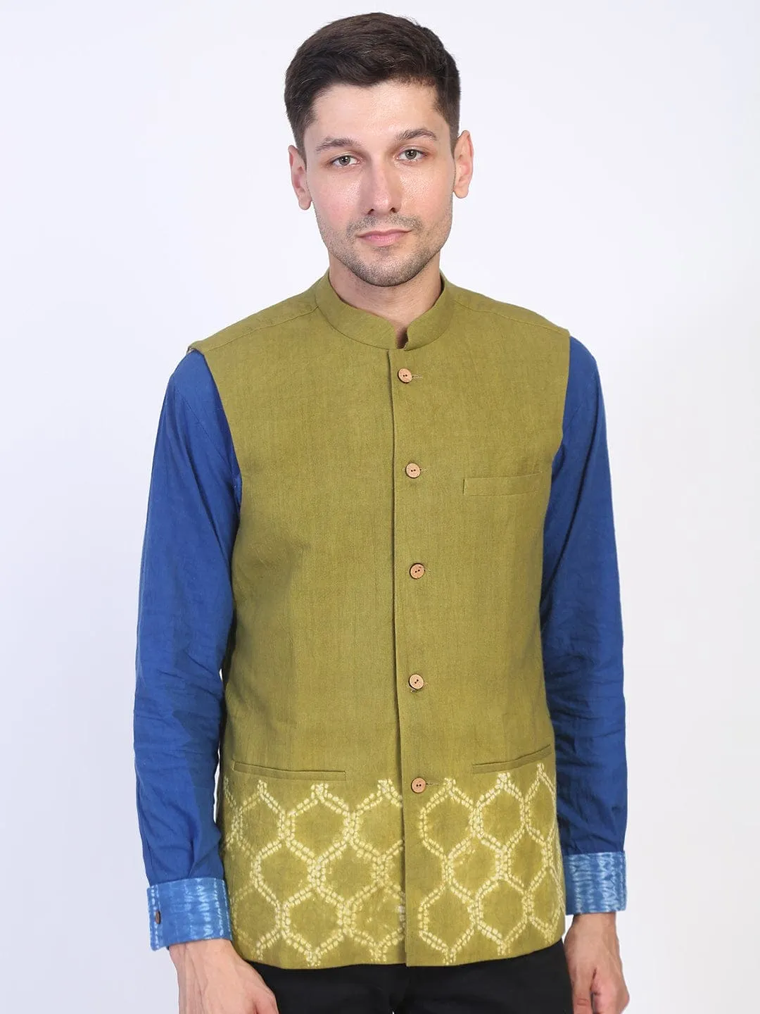 Olive Green Nehru Tie Dye Jacket