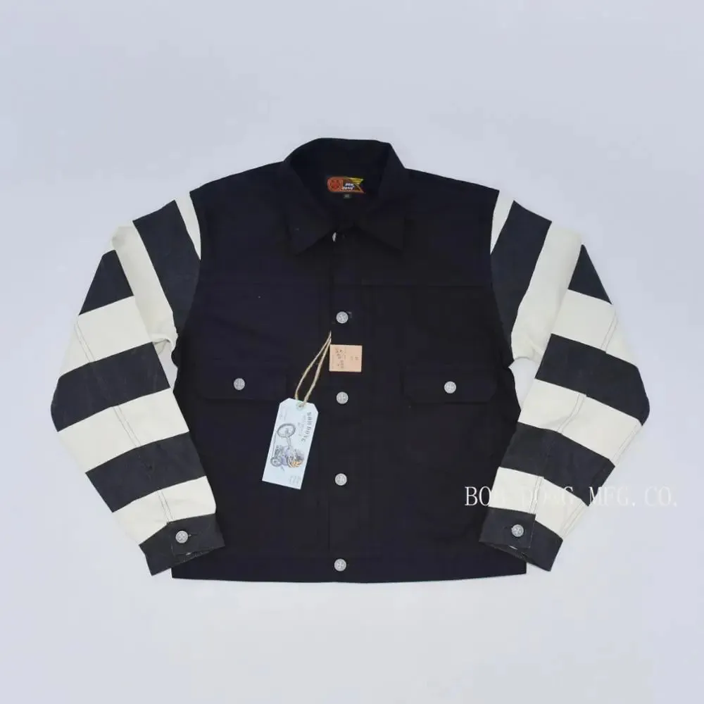 Patchwork Prison Stripe Canvas Jacket with Hot Rod Motorcycle Rugged Style