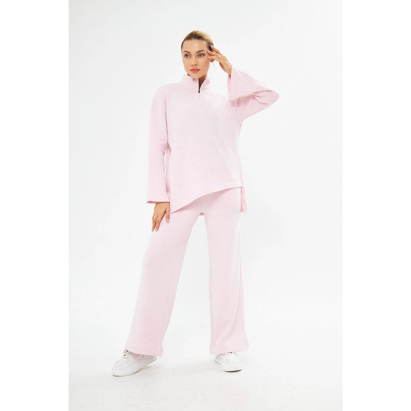 Pink Melange Sweat Matching Set