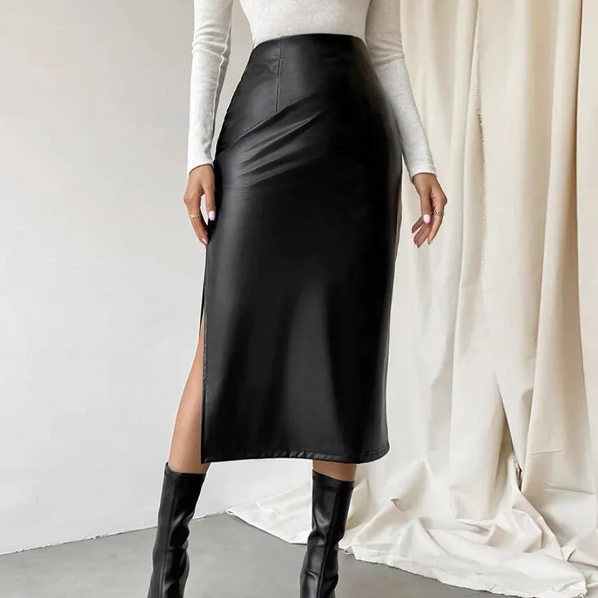 PU Leather Black Slit Straight Skirt