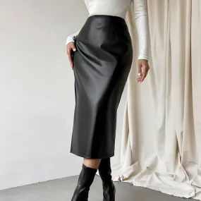 PU Leather Black Slit Straight Skirt