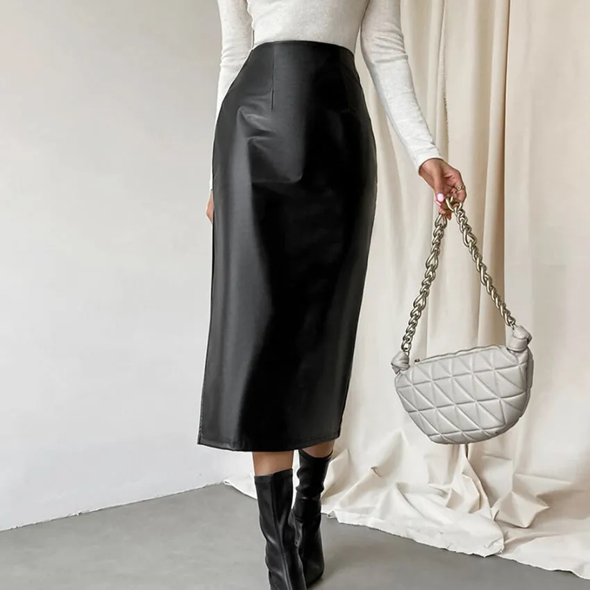 PU Leather Black Slit Straight Skirt