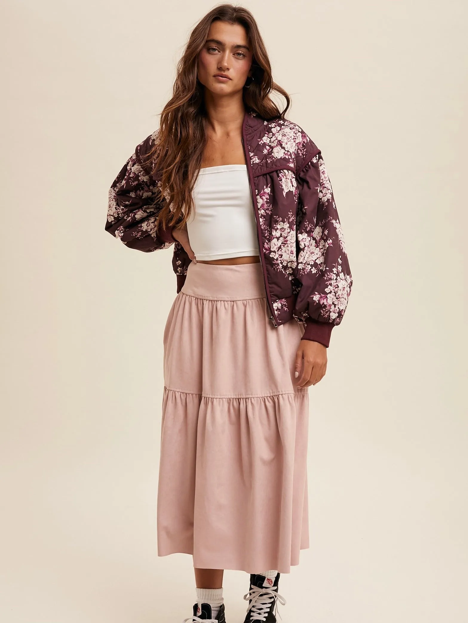 Quilted Floral Print Bomber Jacket