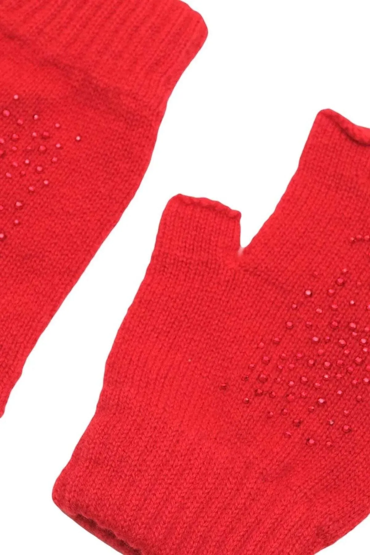 Red Lucia Wool Cashmere Stone Detail Fingerless Gloves