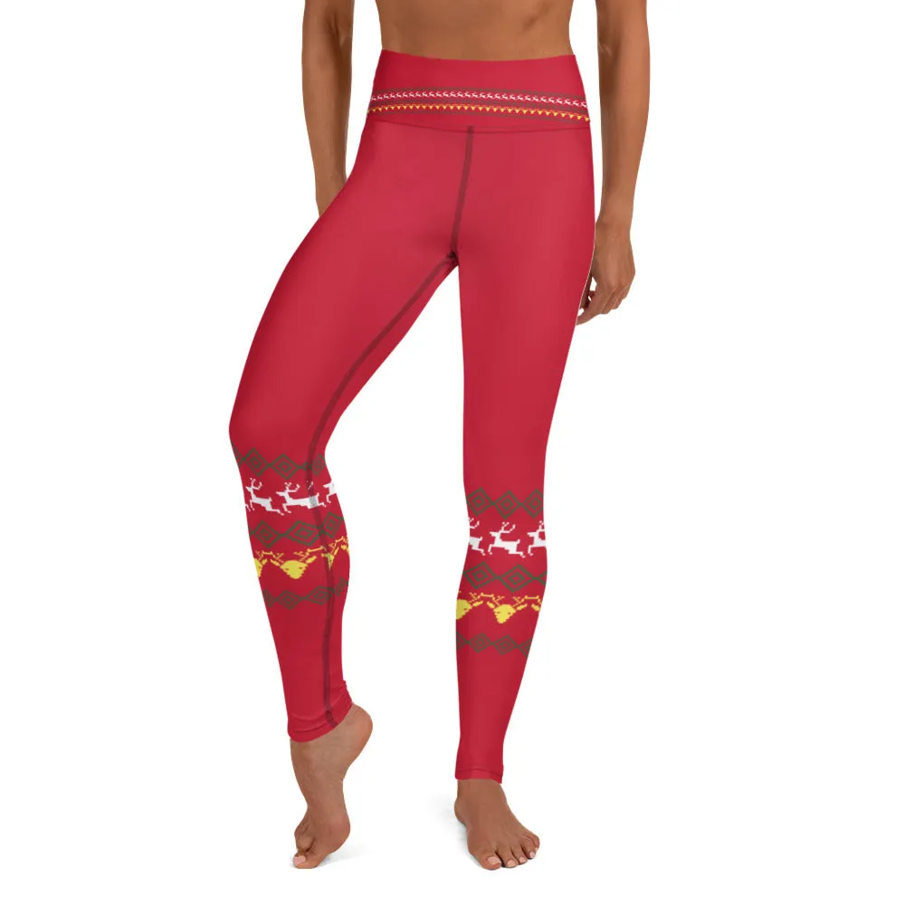 Red Reindeer Christmas Yoga Leggings, Modern Festive Xmas Women's Tights-Made in USA/EU