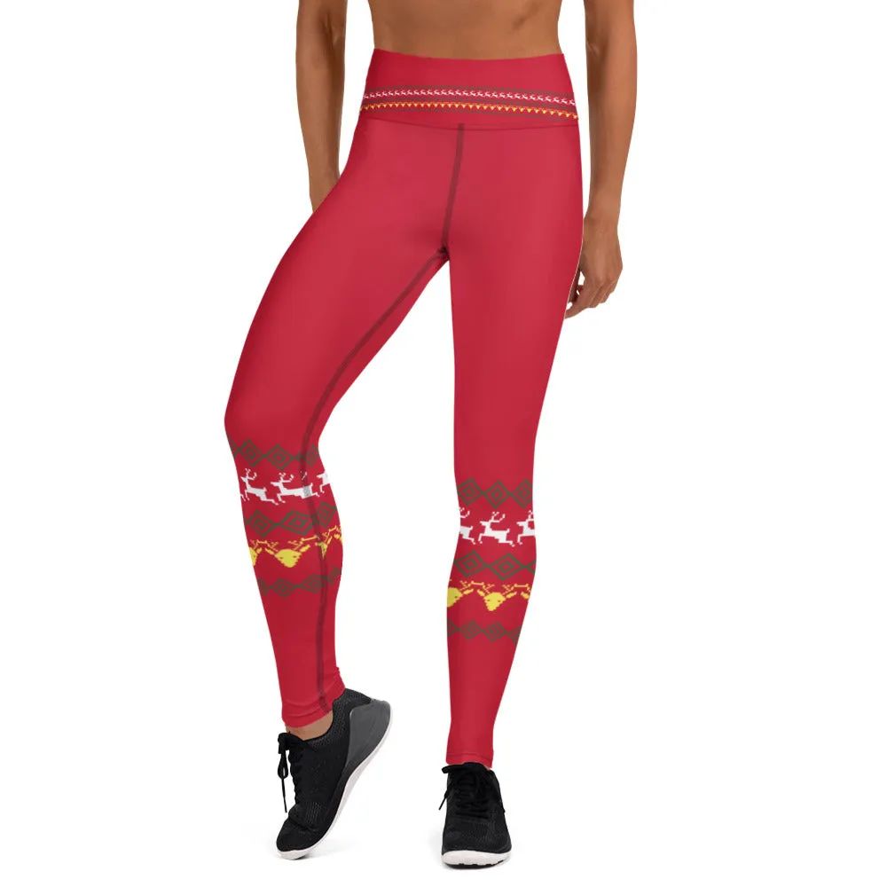 Red Reindeer Christmas Yoga Leggings, Modern Festive Xmas Women's Tights-Made in USA/EU