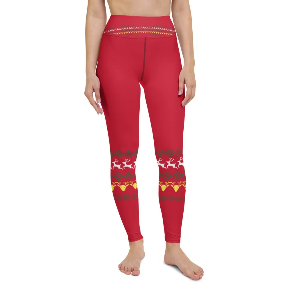 Red Reindeer Christmas Yoga Leggings, Modern Festive Xmas Women's Tights-Made in USA/EU