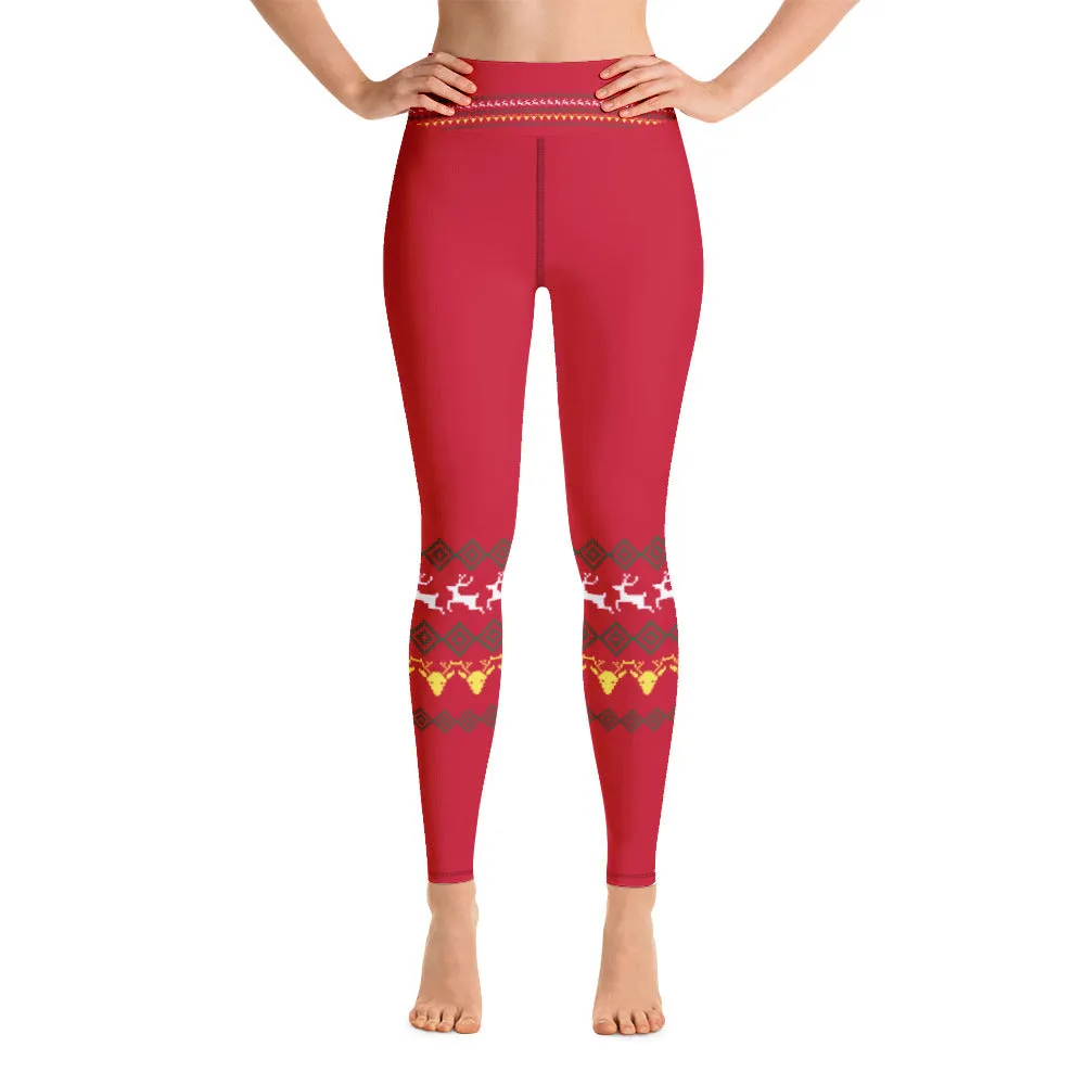 Red Reindeer Christmas Yoga Leggings, Modern Festive Xmas Women's Tights-Made in USA/EU