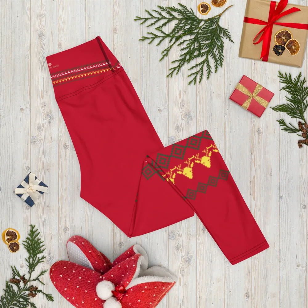 Red Reindeer Christmas Yoga Leggings, Modern Festive Xmas Women's Tights-Made in USA/EU