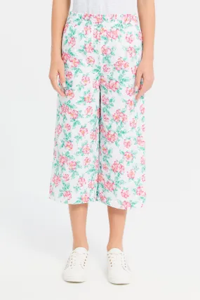 Senior girls White Floral Print Culotte Pants