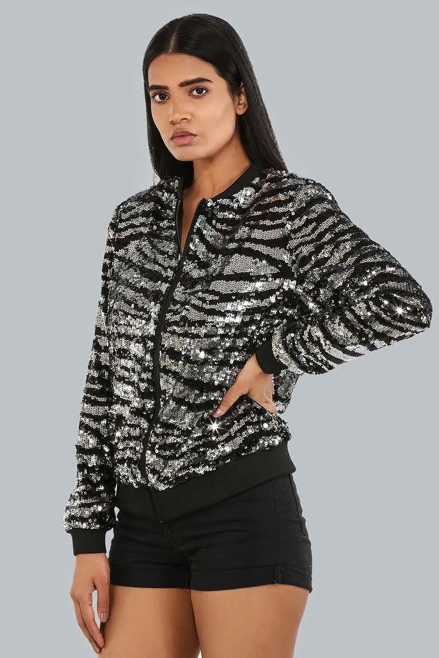 Silver Tiger Print Bomber Jacket