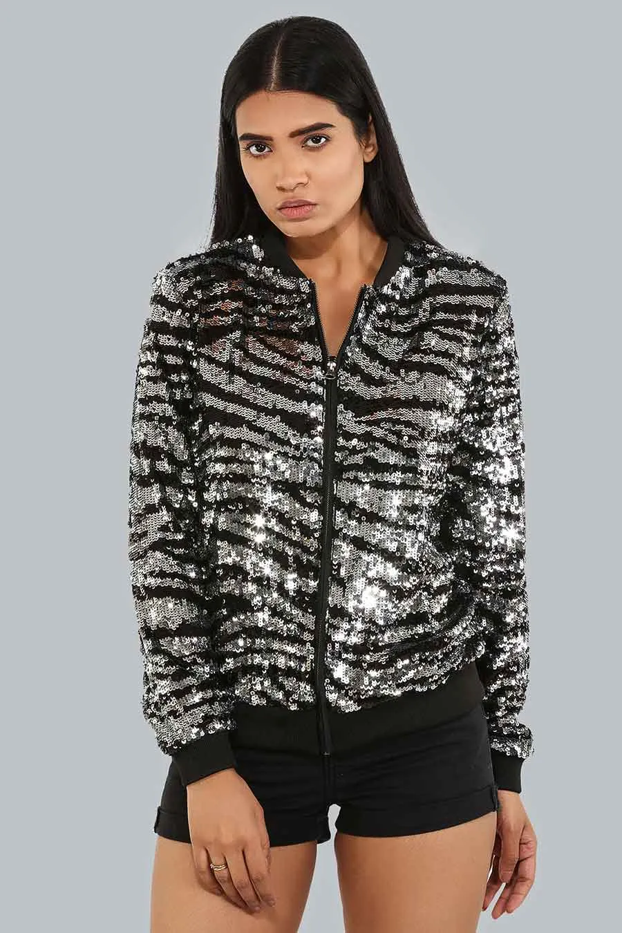 Silver Tiger Print Bomber Jacket