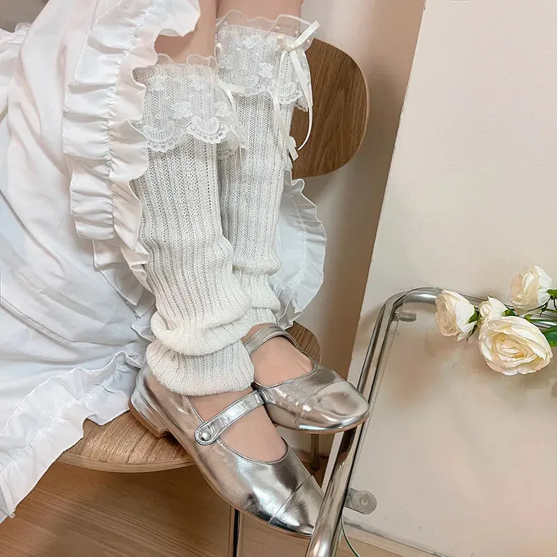 Sohiwoo Y2K Lolita Girls Lace Knitted Bow Tie Leg Warmers Bow Streamer Leg Socks Leg Cover Pile Socks Japanese JK Accessories Sock