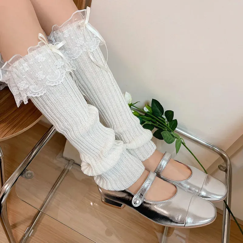 Sohiwoo Y2K Lolita Girls Lace Knitted Bow Tie Leg Warmers Bow Streamer Leg Socks Leg Cover Pile Socks Japanese JK Accessories Sock