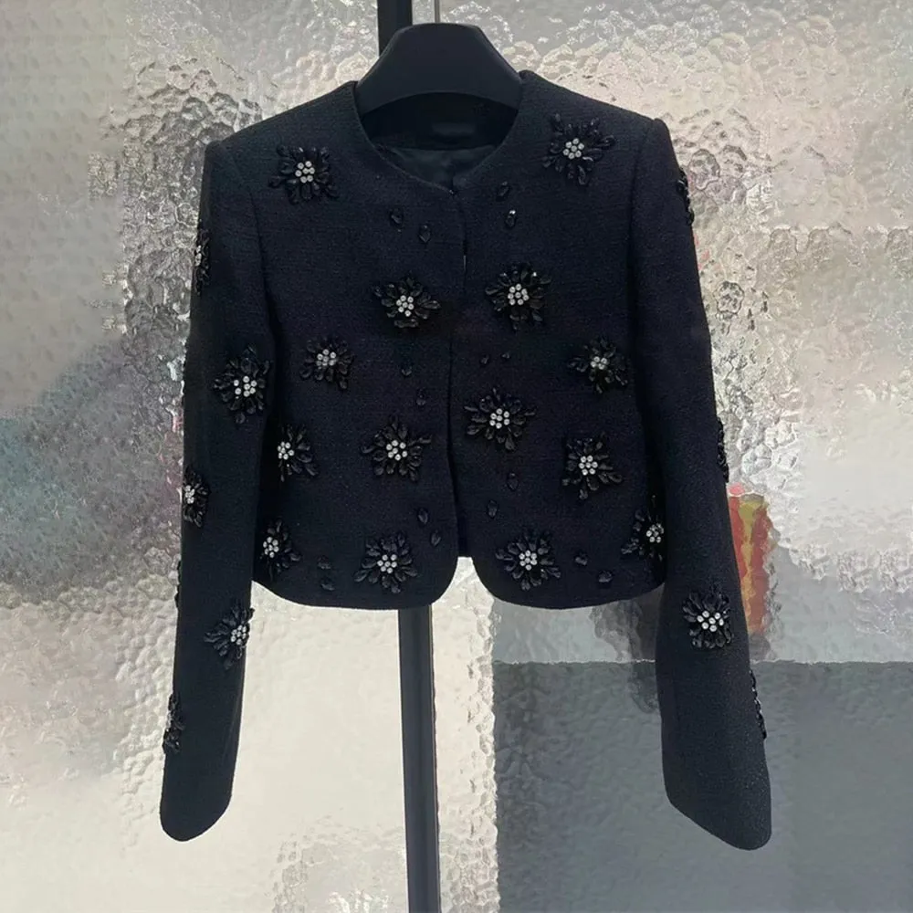 Solid Elegant Coats For Women Round Neck Long Sleeve Patchwork Diamonds Short Temperament Coat Female Clothing