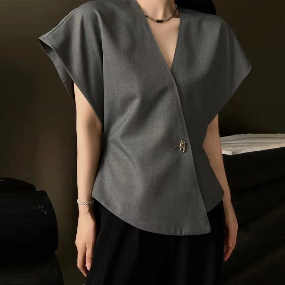 Solid Irregular Blazers For Women V Neck Short Sleeve Tunic Slimming Patchwork Button Blazer Female Fashion Clothes