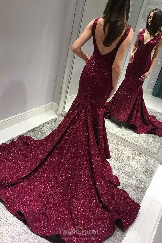 Sparkly Mermaid Burgundy Prom Dresses V-Neck Backless Evening Gown OP818