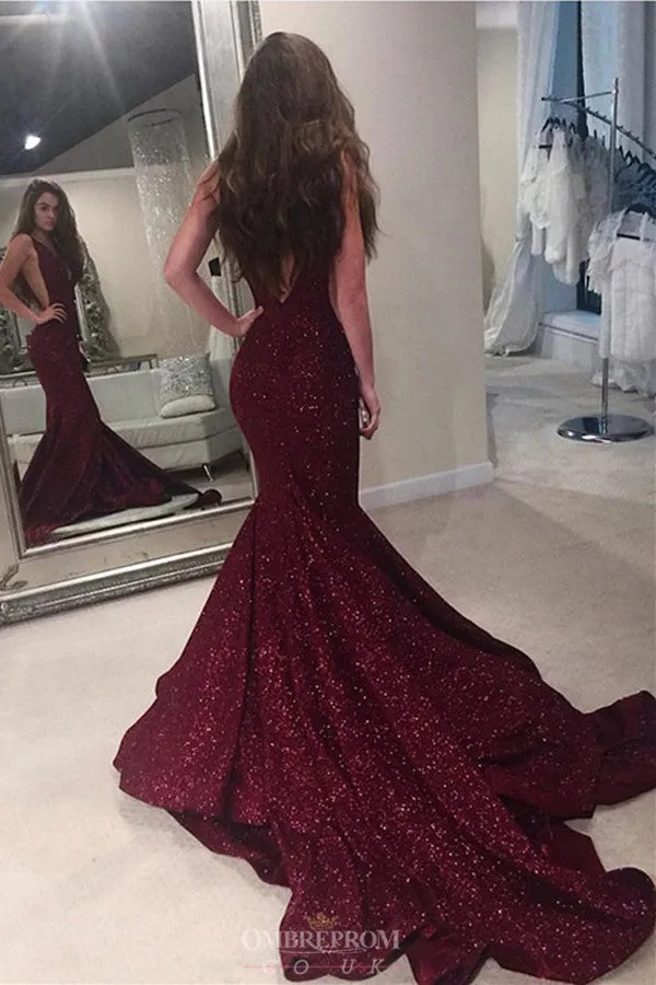 Sparkly Mermaid Burgundy Prom Dresses V-Neck Backless Evening Gown OP818