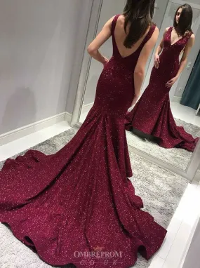 Sparkly Mermaid Burgundy Prom Dresses V-Neck Backless Evening Gown OP818