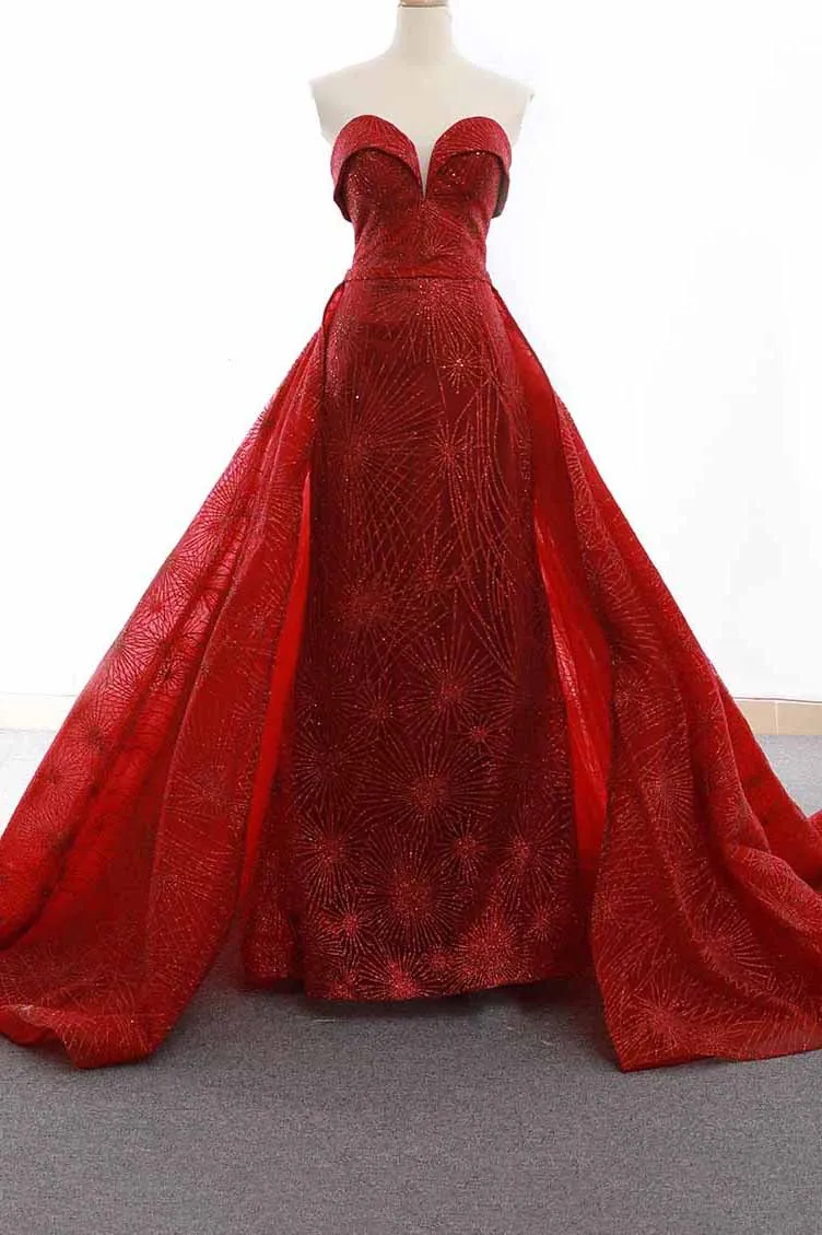 Sparkly Sequins Red Sweetheart Sheath Formal Gown Overskirt Pageant Dresses OP750