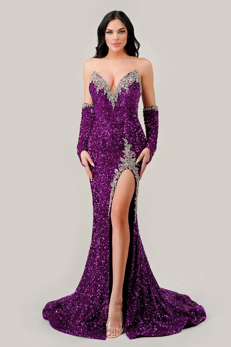 STRAPLESS SEQUIN GOWN WITH MATCHING GLOVES CDCP639