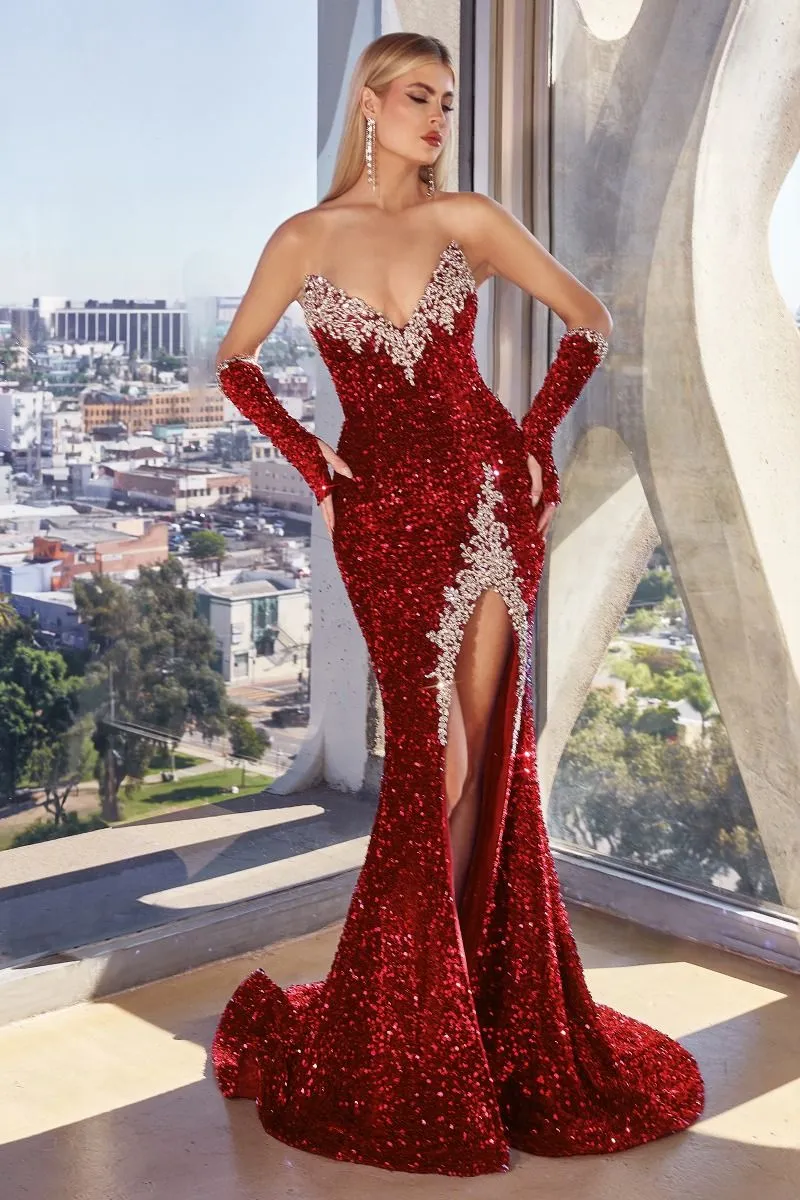 Strapless Sequin Sheath Leg Slit Gown by Cinderella Divine CP639 - Special Occasion