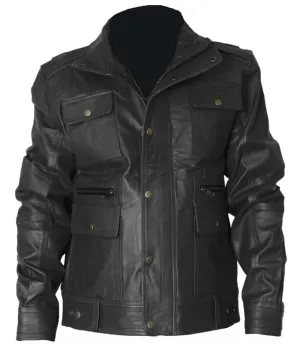 Stylish Black Flap Pocket Leather Jacket For Mens