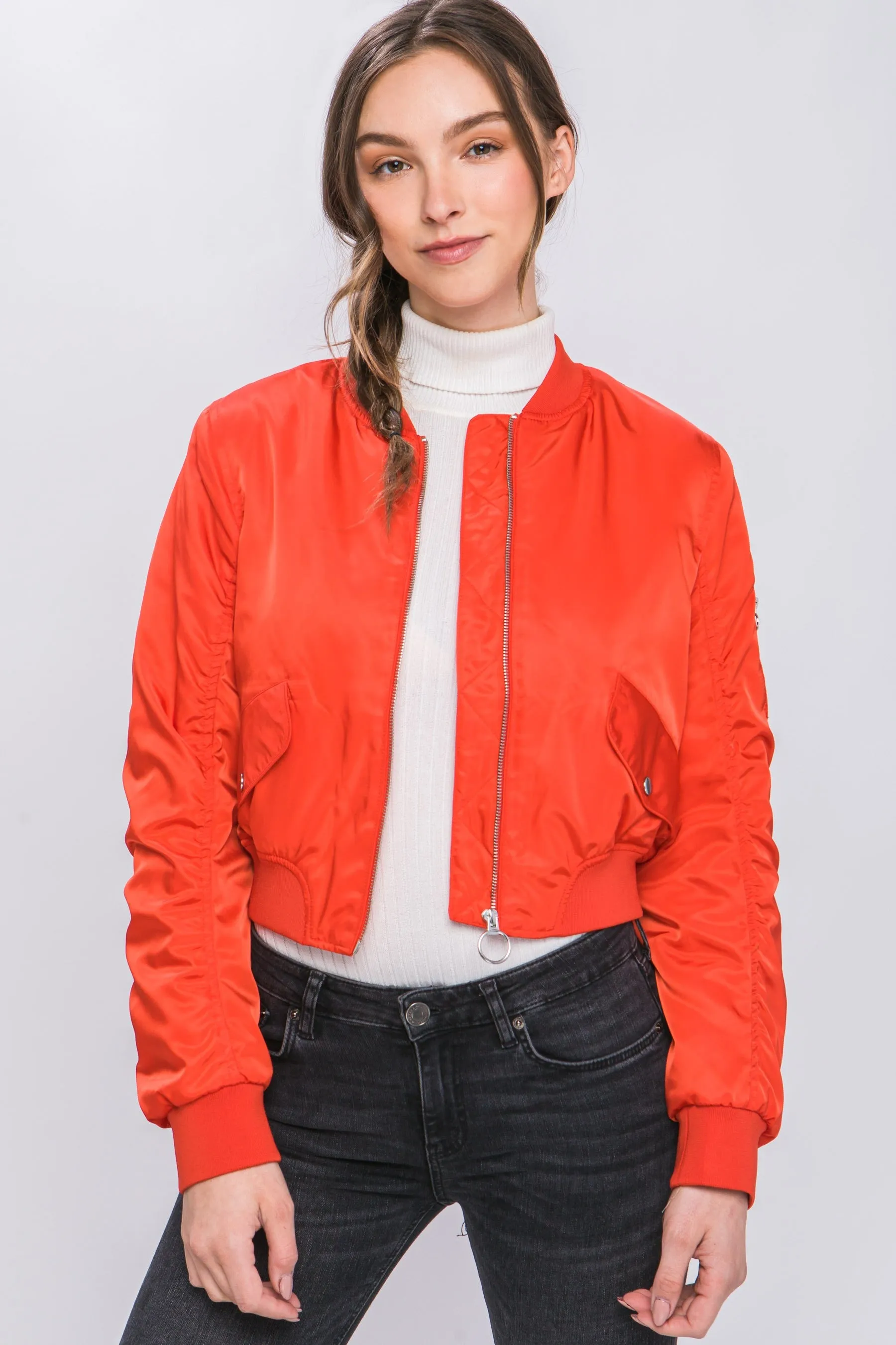 Tomato Zip Up Bomber Jacket With Sleeve Zipper Detail