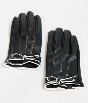 Unique Vintage Black Leatherette Bow Short Gloves