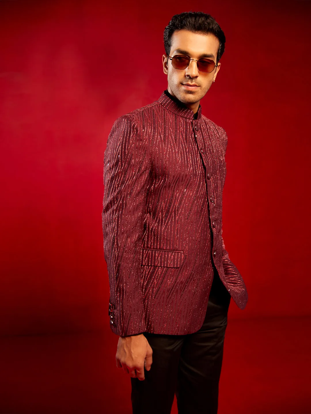 Vastramay Men's Maroon Sequined Jodhpuri