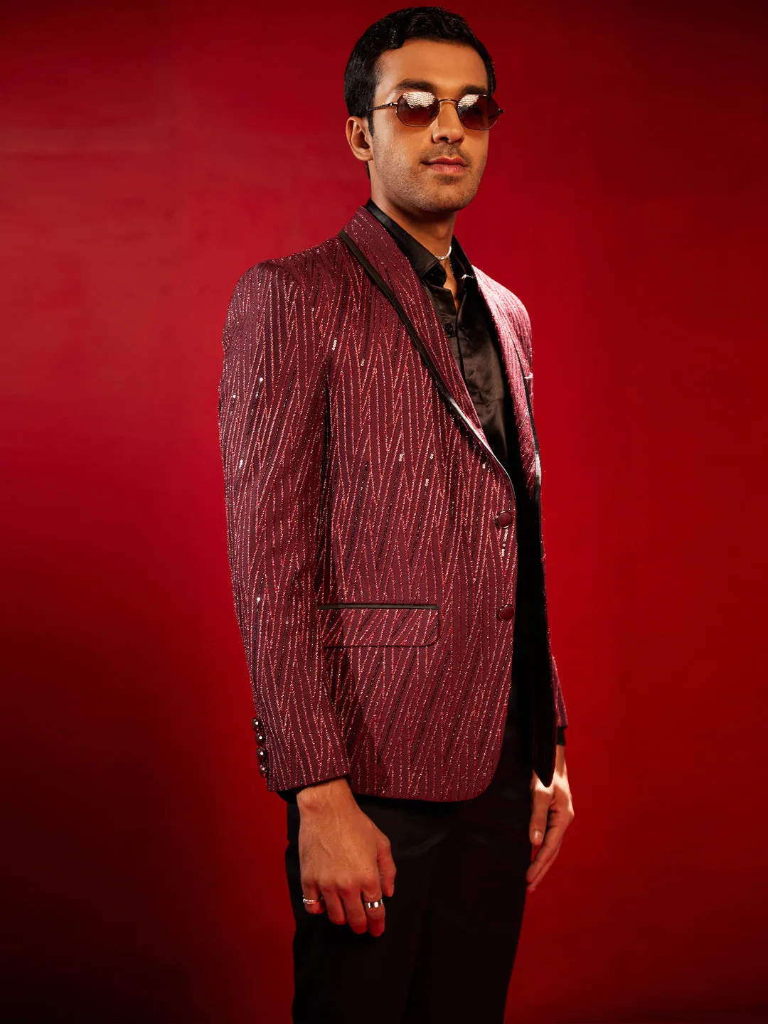 Vastramay Men's Maroon Silk Blend Blazer