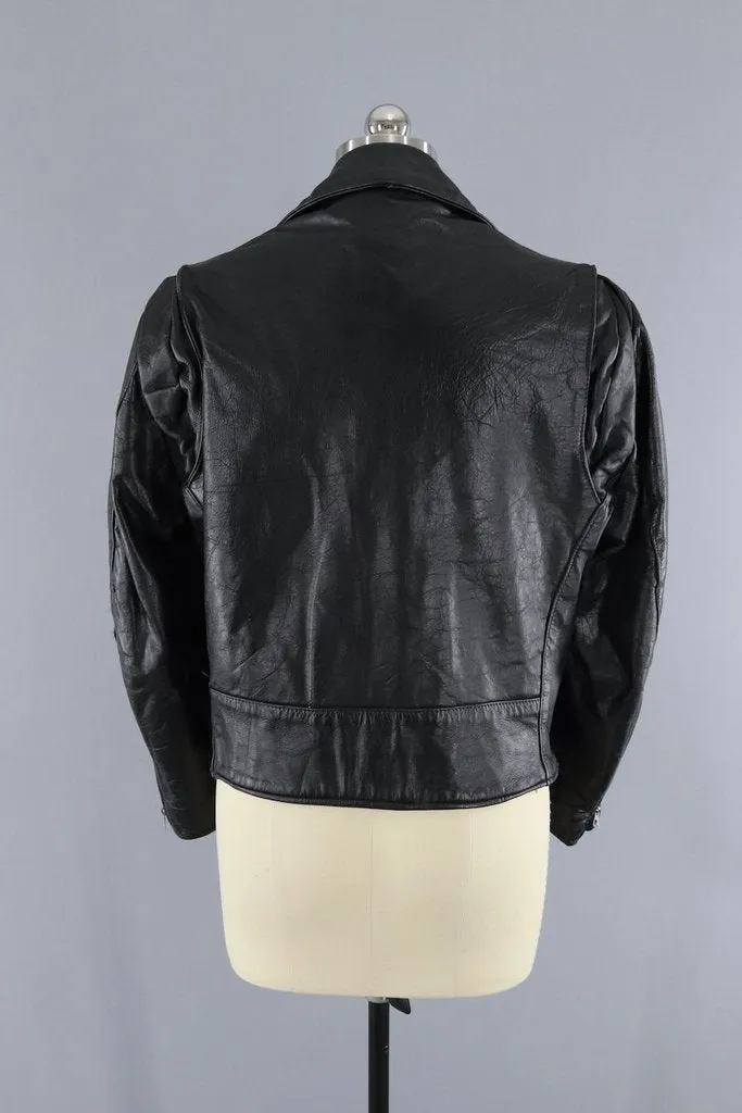 Vintage 1970s Excelled Black Leather Motorcycle Biker Jacket