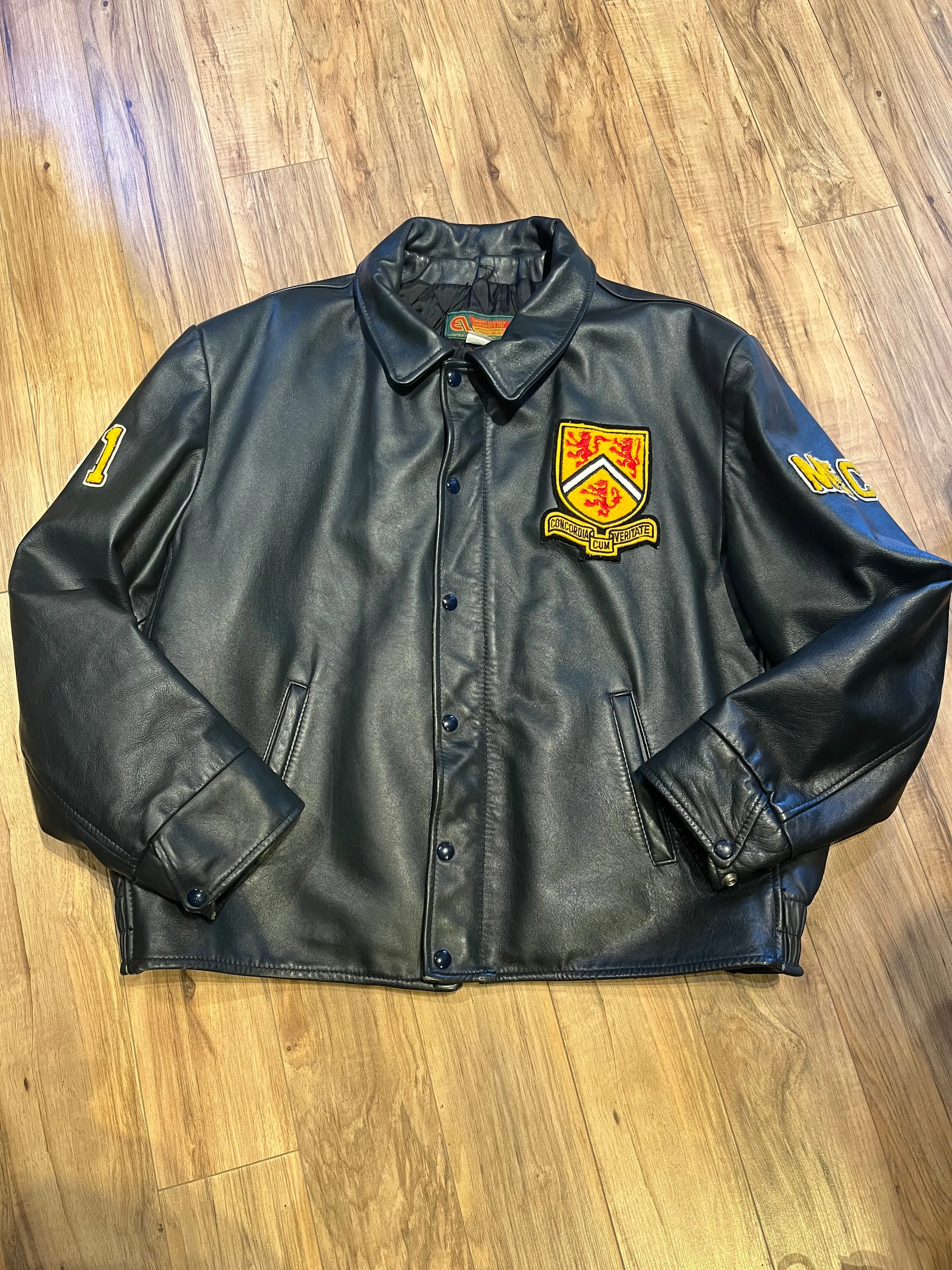 Vintage 70’s Waterloo Engineering Leather Letterman’s Varsity Jacket, Made in Canada, Size 52