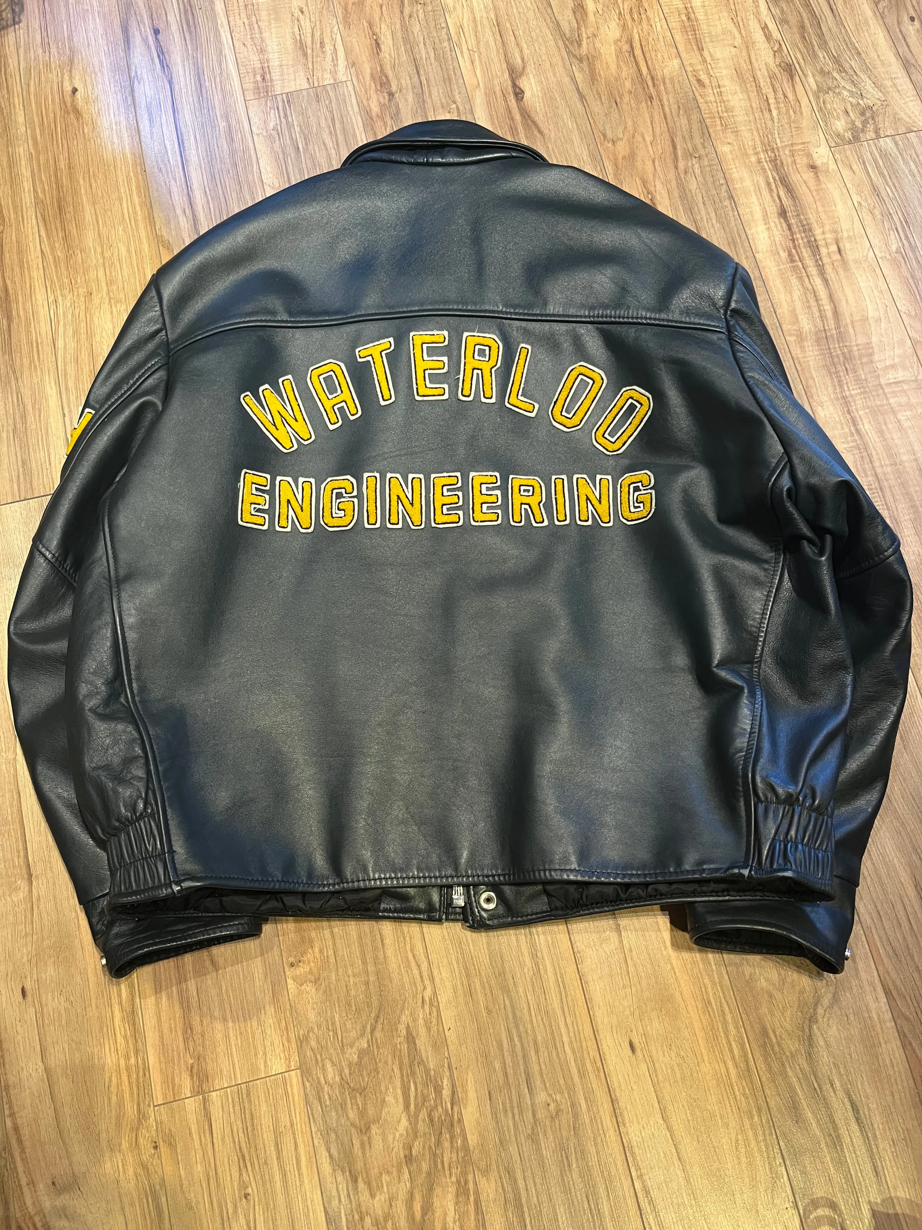 Vintage 70’s Waterloo Engineering Leather Letterman’s Varsity Jacket, Made in Canada, Size 52