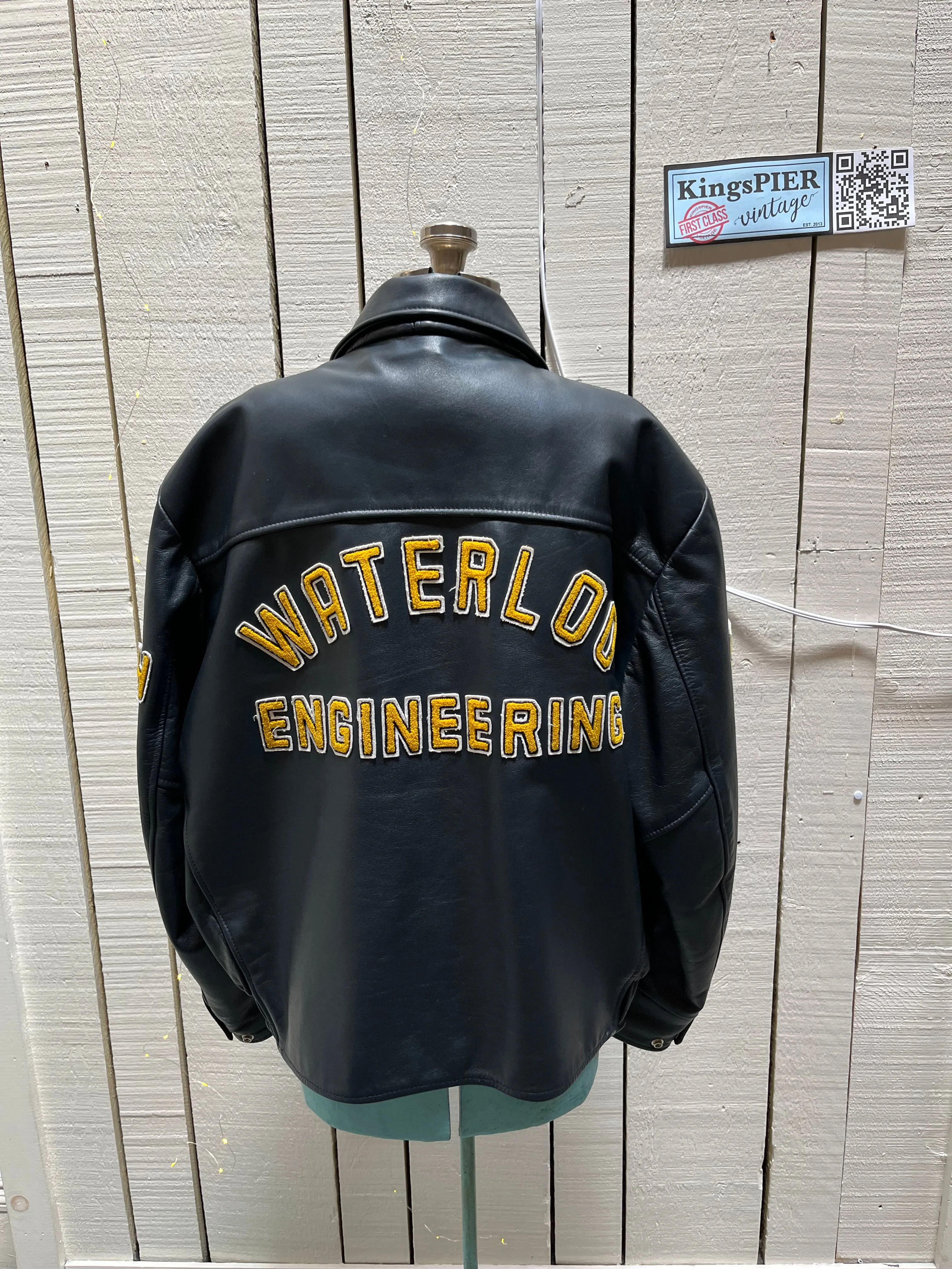 Vintage 70’s Waterloo Engineering Leather Letterman’s Varsity Jacket, Made in Canada, Size 52