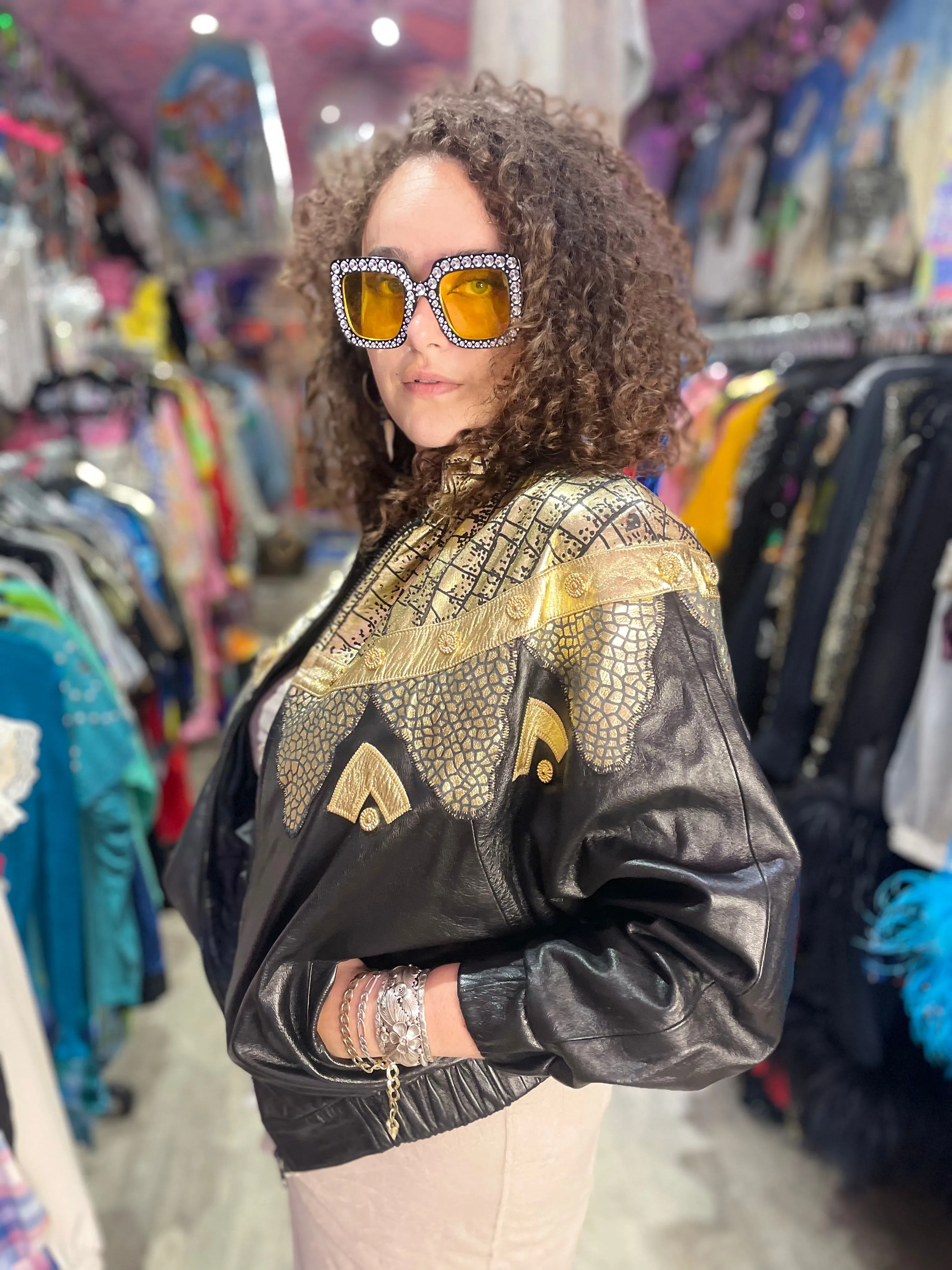 Vintage 80s Gold Leather Medallion Bomber Jacket