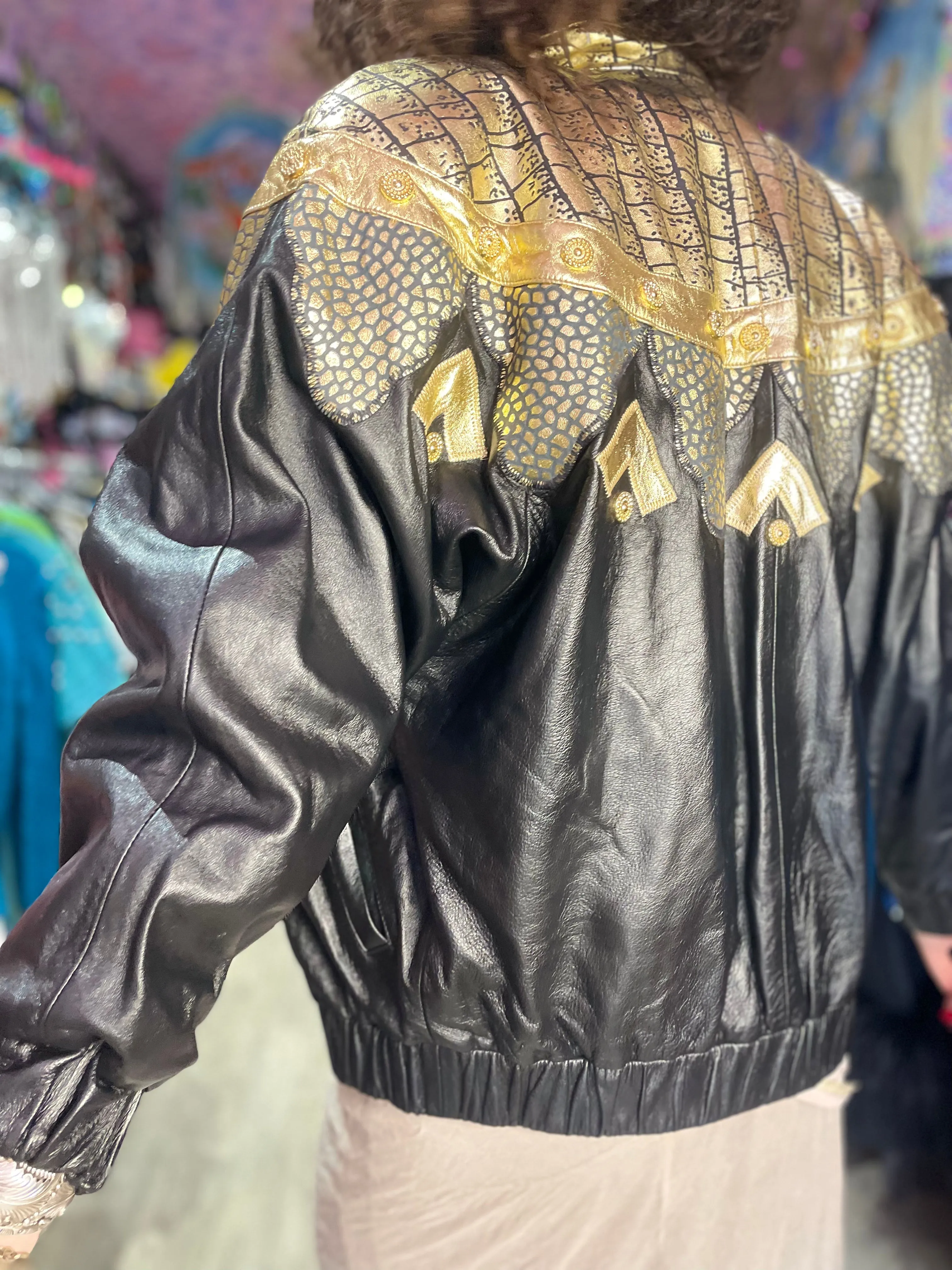 Vintage 80s Gold Leather Medallion Bomber Jacket