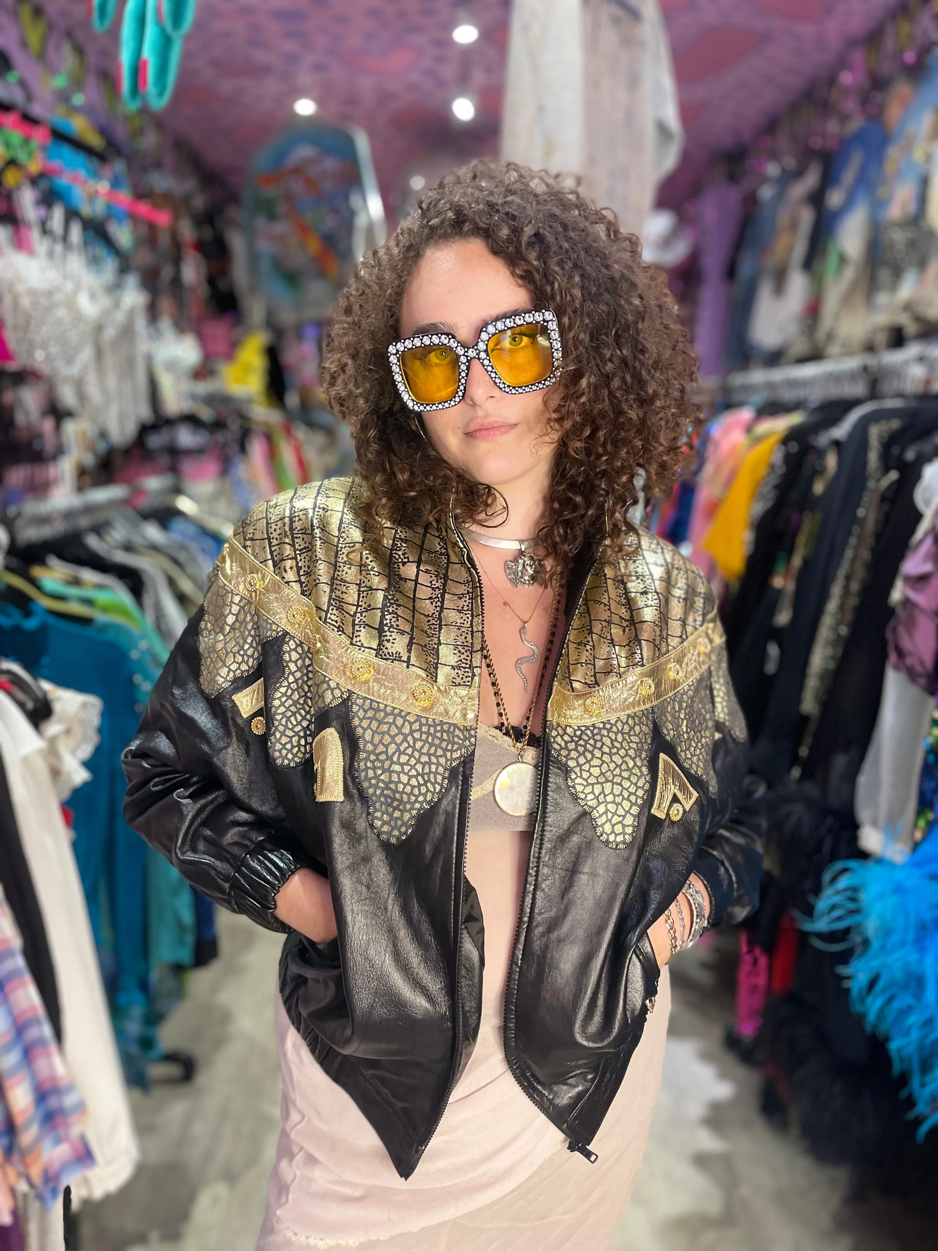 Vintage 80s Gold Leather Medallion Bomber Jacket