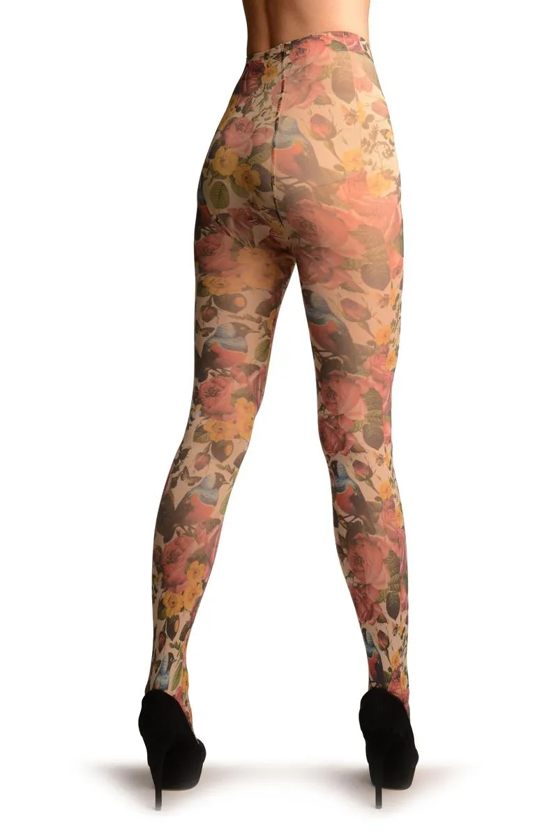 Vintage Birds & Roses Printed Tights